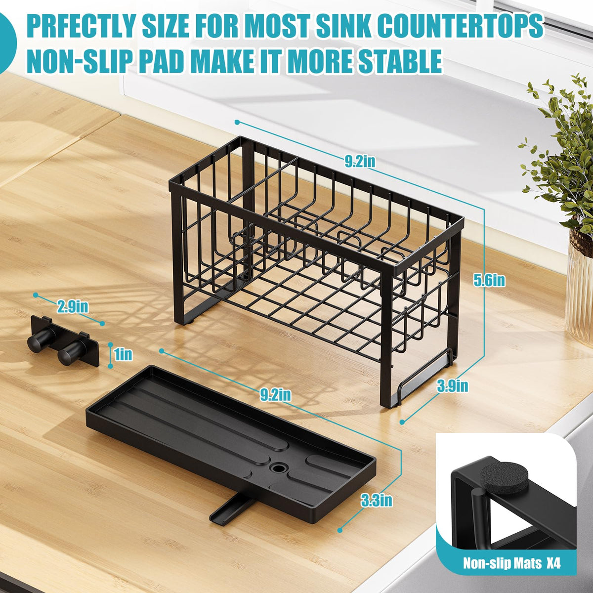 Taugast two-tier sink organizer stores sponges, brushes and soaps neatly.