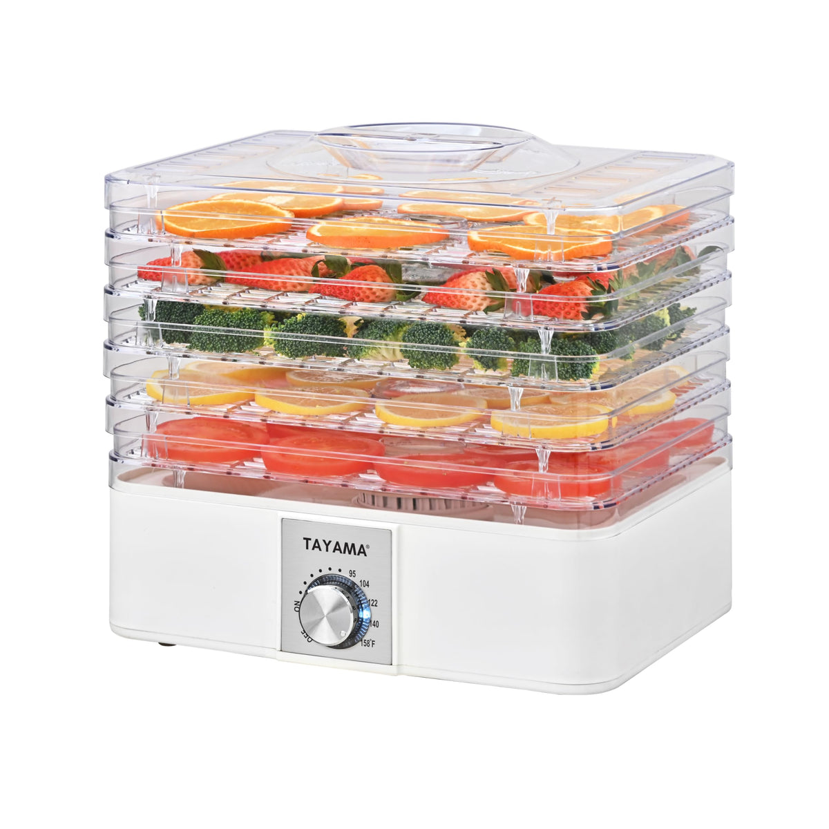 Tayama 5-Tray Dehydrator with clear view demonstrates even heat distribution for healthy snacks.
