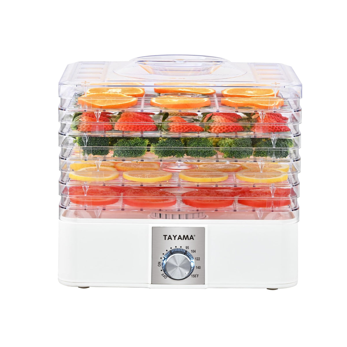 Tayama 5-Tray Dehydrator temperature control enables precise drying outcomes.