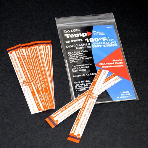 Taylor 8767J dishwasher thermometer strip with color-change band shows rinse temps