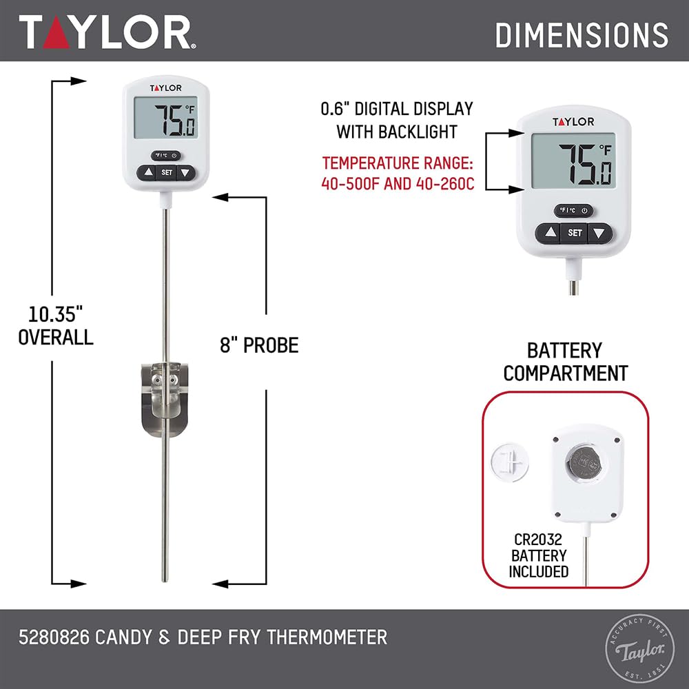 Taylor 9-inch stainless steel stem reaches deep pots for accurate core temperature.