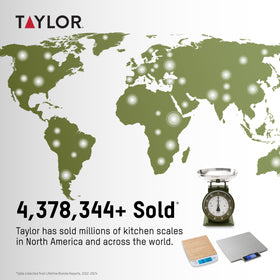 Taylor Analog Scale enameled stainless body adds vintage style and durability.
