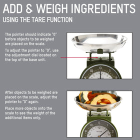 Taylor Analog Scale removable bowl shown for easy cleaning after weighing ingredients.