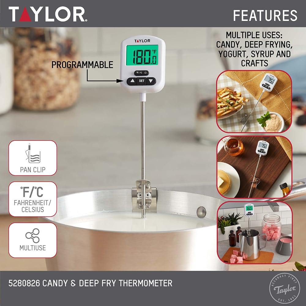 Taylor thermometer with angled backlit display for easy temperature reading during cooking.
