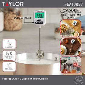 Taylor thermometer with angled backlit display for easy temperature reading during cooking.