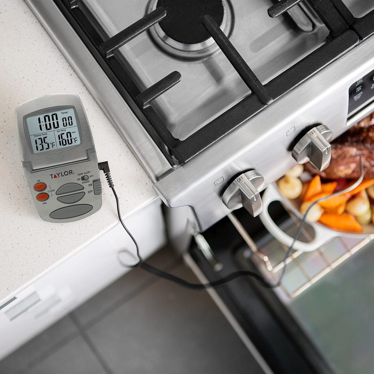 Taylor thermometer with 4-foot silicone cord enables monitoring without opening oven.