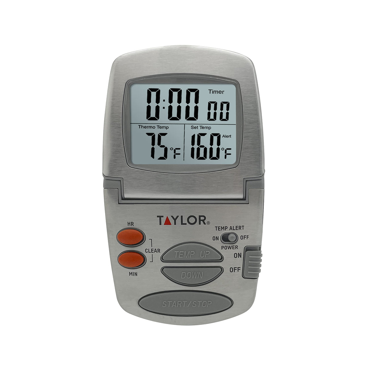 Taylor fold-out stand keeps the display visible on the counter.