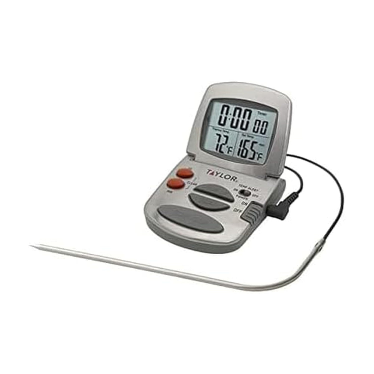 Taylor programmable digital probe thermometer with probe inside oven for hands-free monitoring.