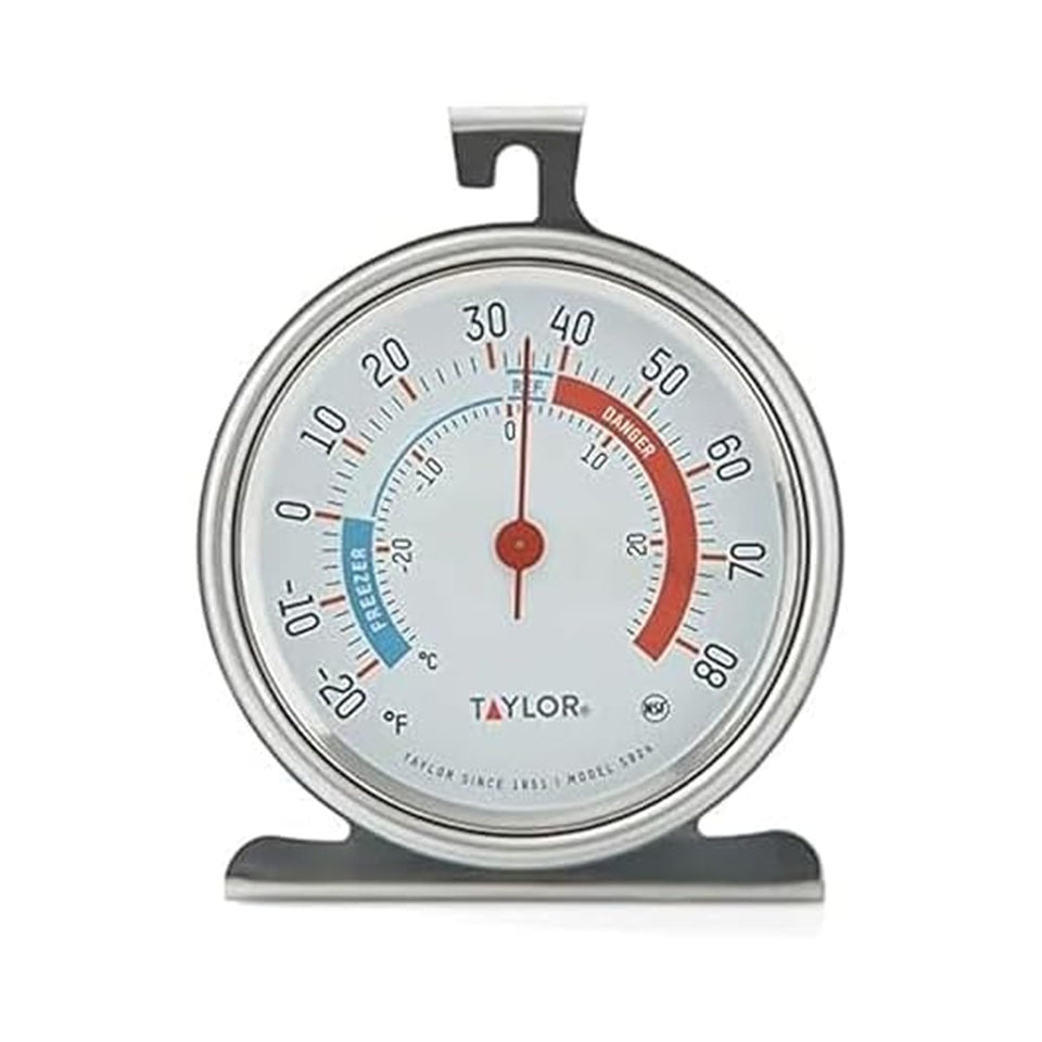 Taylor large-dial thermometer front shows easy-to-read fridge temps for safer storage