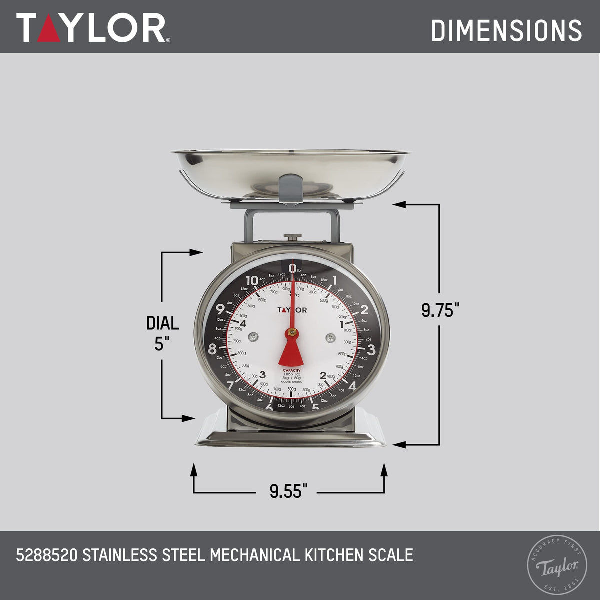 Removable weighing bowl on Taylor scale, designed for easy pouring and cleaning.
