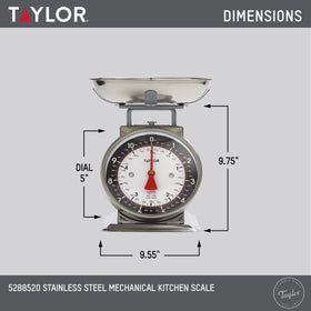 Removable weighing bowl on Taylor scale, designed for easy pouring and cleaning.