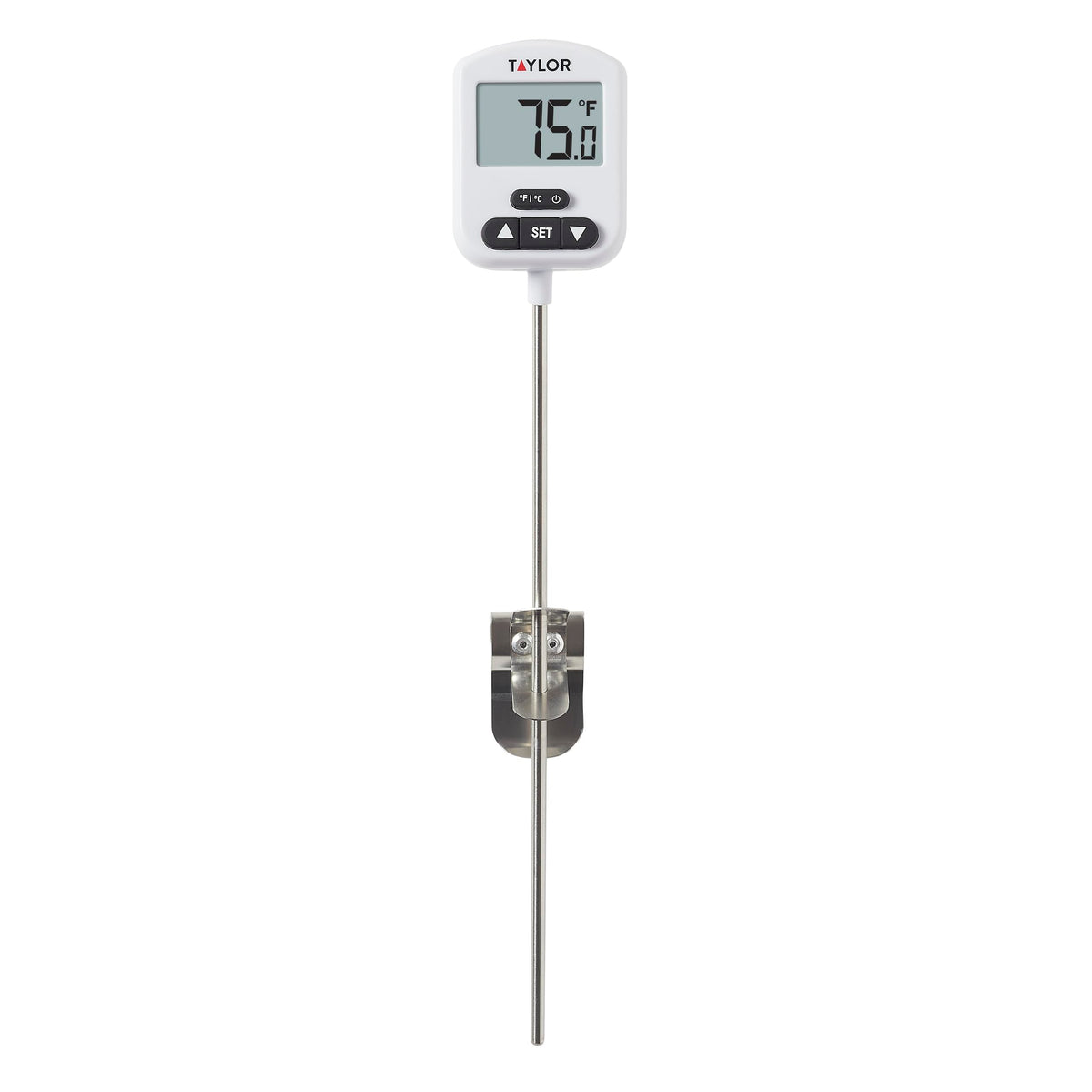 Taylor programmable candy and deep fry thermometer with green light signals precise heat for candy making.