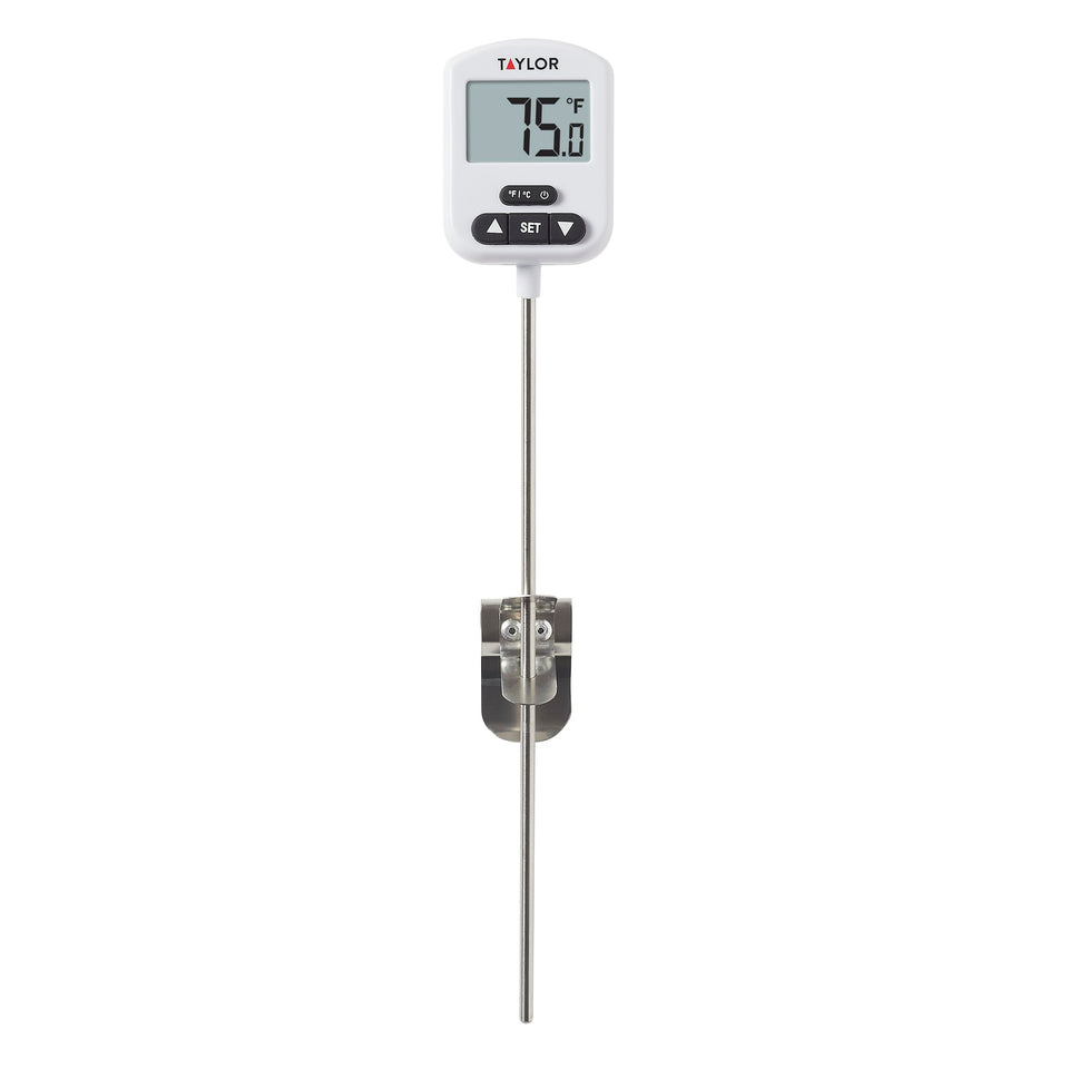 Taylor programmable candy and deep fry thermometer with green light signals precise heat for candy making.