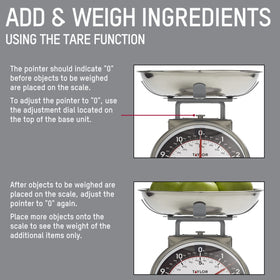 Taylor scale dial displaying both pounds/ounces and kilograms/grams for versatility.
