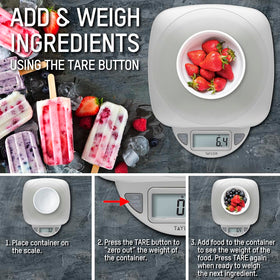 Taylor scale with LCD display for easy reading during cooking.