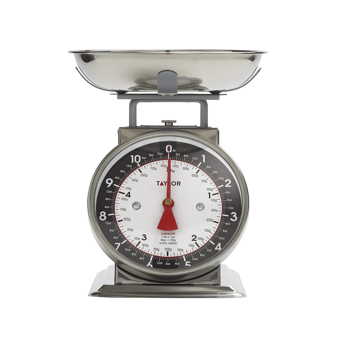 Tare function on Taylor scale enabling zeroing with containers for net weight.