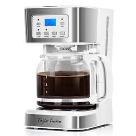 Taylor Swoden 12-cup coffee maker front view for quick, home brewing.