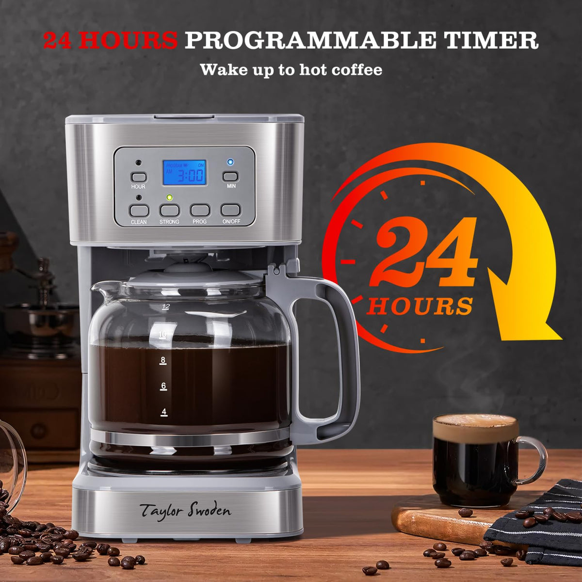 Taylor Swoden coffee maker control panel with LCD display for easy scheduling