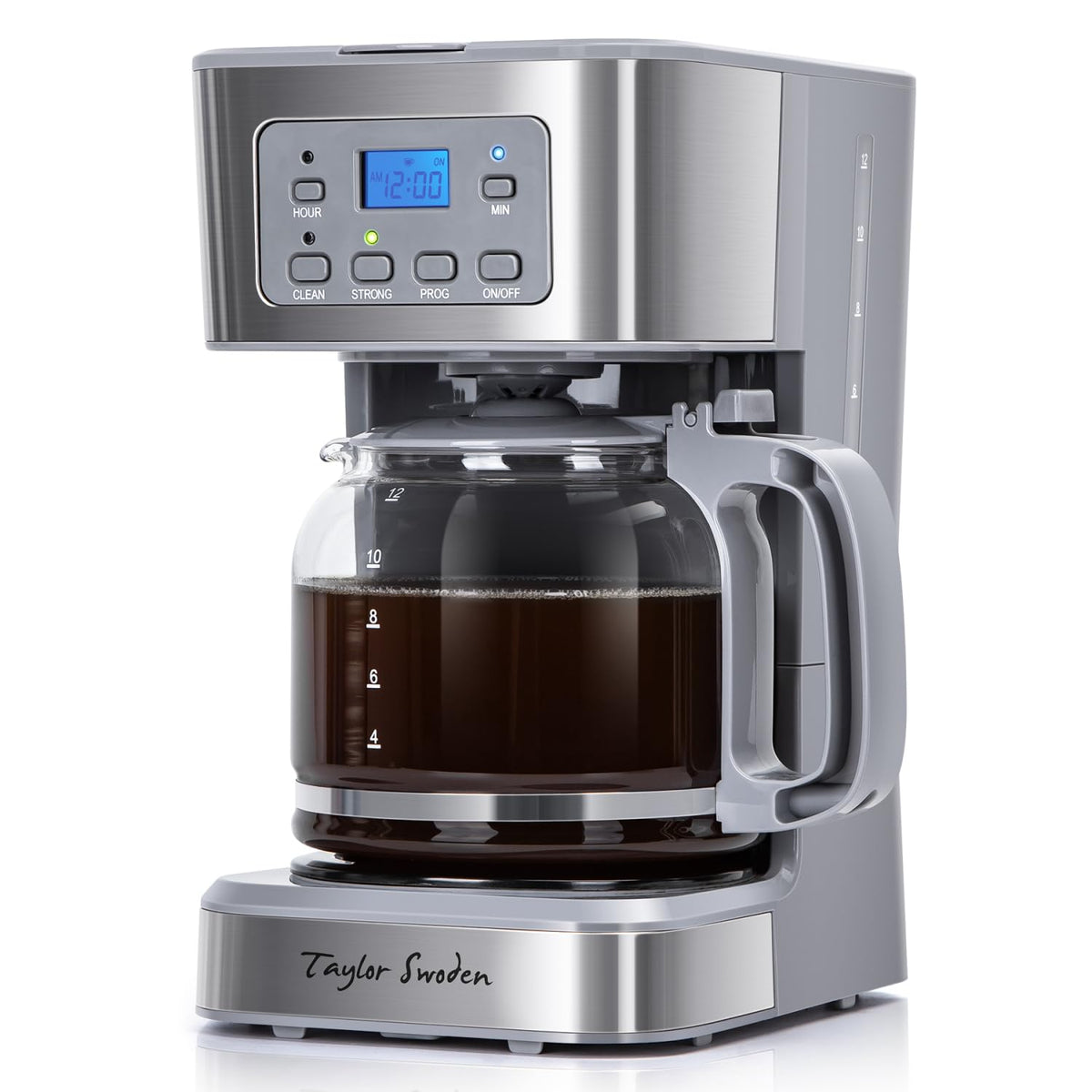 Taylor Swoden 12-cup programmable coffee maker front view in grey-s stainless steel, ideal for busy mornings