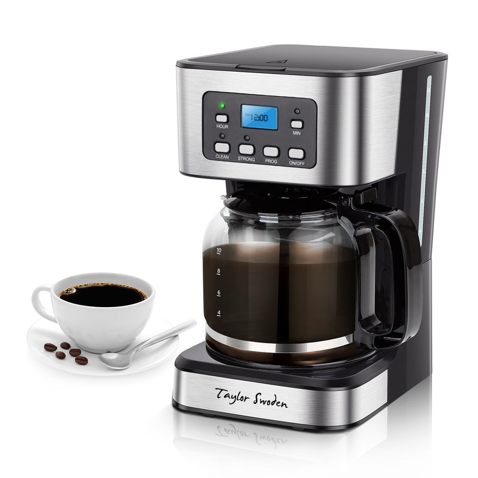 Taylor Swoden coffee maker with LCD display for easy programming and wake-up brew.