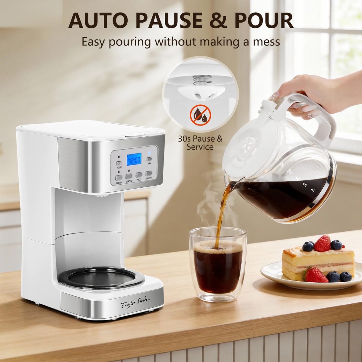 Taylor Swoden pause and serve anti-drip feature for quick pours.