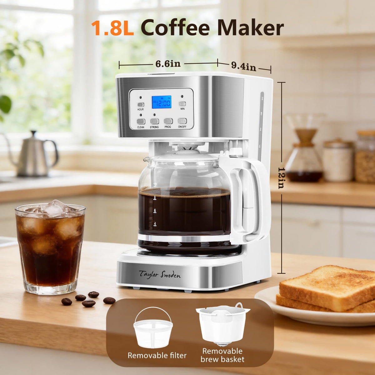 Taylor Swoden programmable coffee maker LCD display for easy time scheduling.