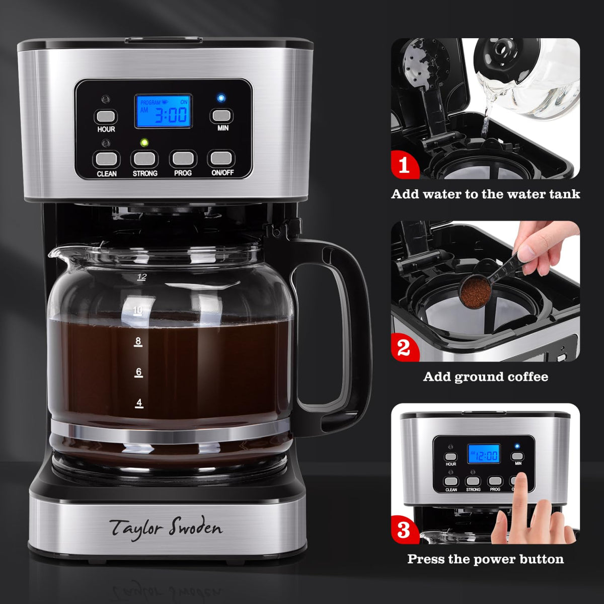 Taylor Swoden programmable panel highlights easy setup for daily coffee routines.