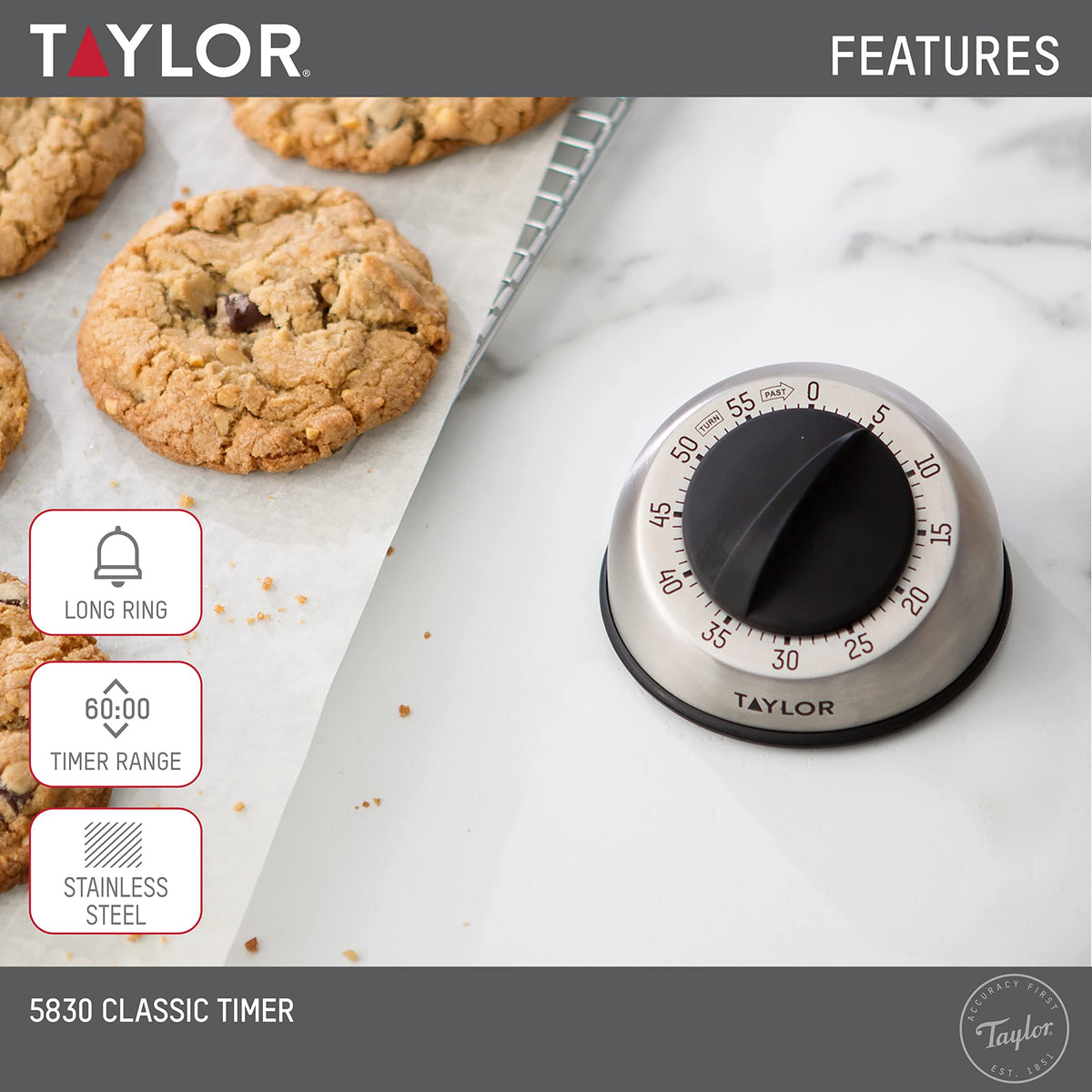 Taylor timer in a kitchen setting, ready for baking and cooking tasks.