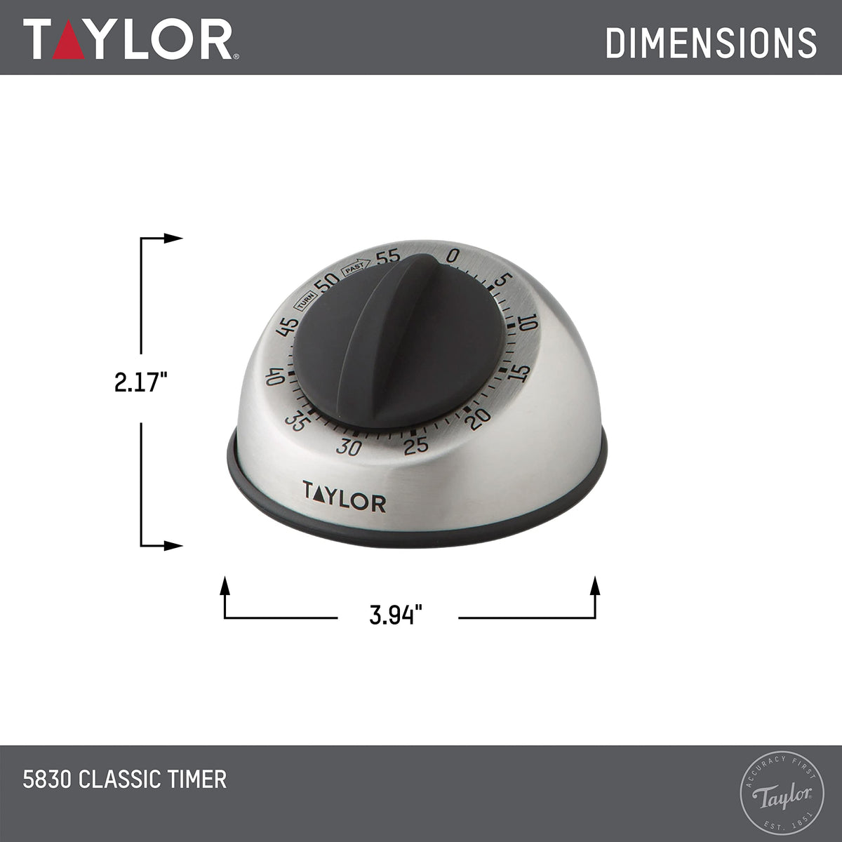 Taylor stainless steel timer body offers durability for home or school.