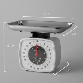 Taylor Analog Kitchen Scale supports up to 22 lb capacity for larger items.