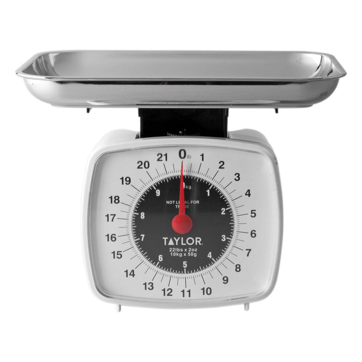 Taylor Analog Kitchen Scale dial offers precise 22 lb readings for recipes.