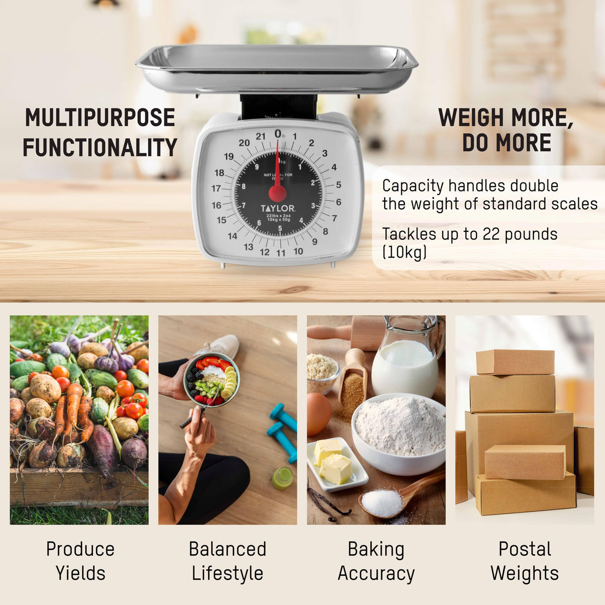 Taylor Analog Kitchen Scale chrome tray is top-rack dishwasher safe for easy cleanup.