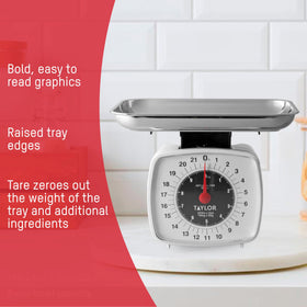 Taylor Analog Kitchen Scale tare knob enables quick zeroing between ingredients.