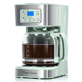 Taylor Swoden 12-cup coffee maker with LCD display enabling programmable morning brewing