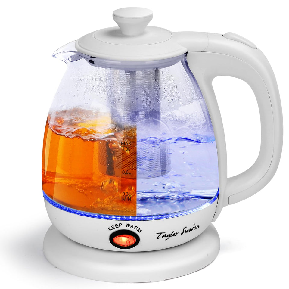 Taylor Swoden electric kettle with tea infuser and glass body for quick tea prep