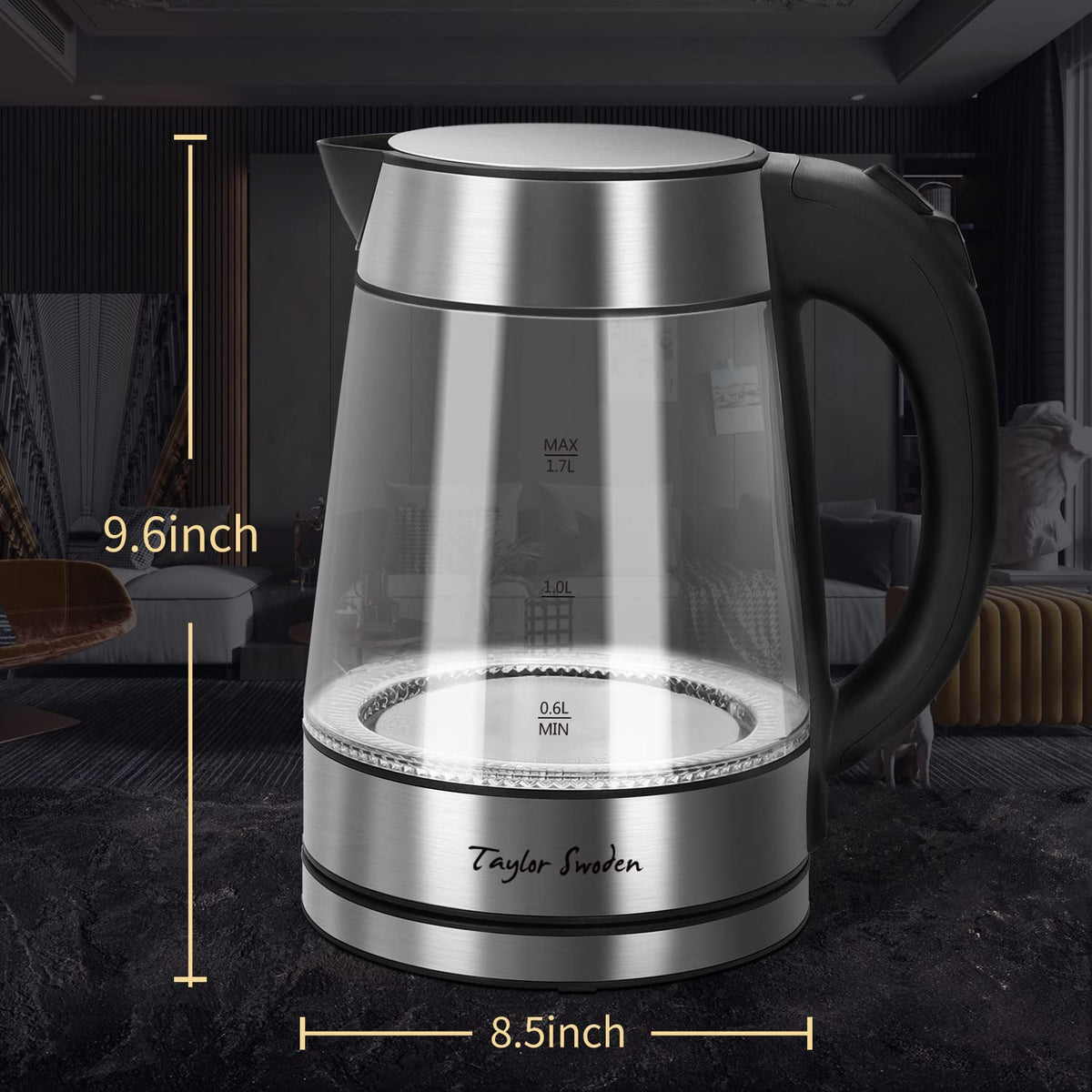 Taylor Swoden glass kettle in use boiling water for tea or coffee