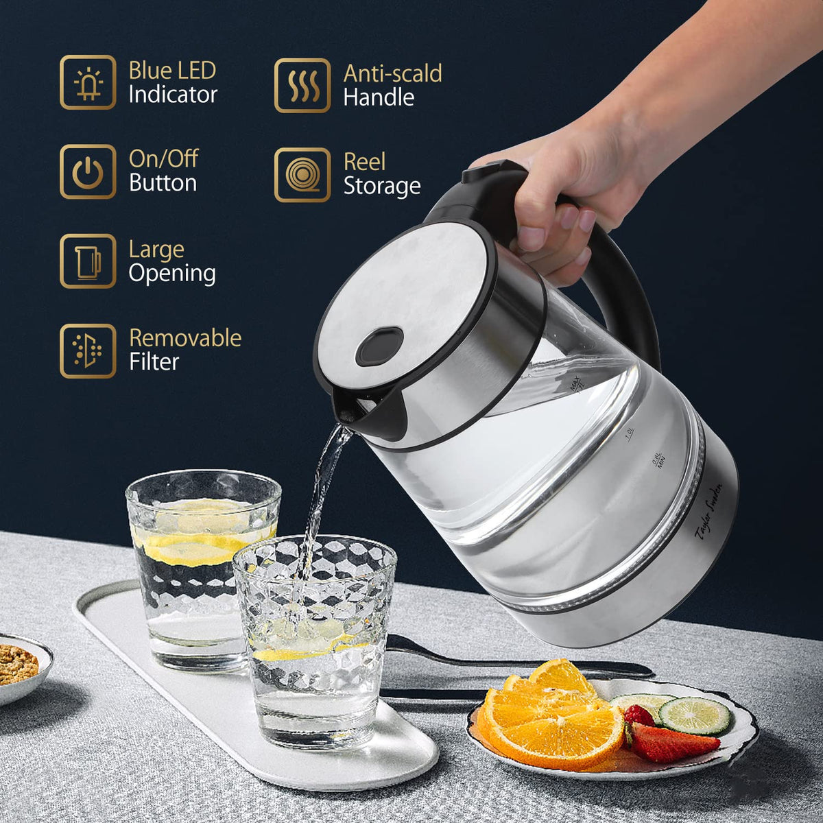 Taylor Swoden glass kettle spout for smooth, precise pouring
