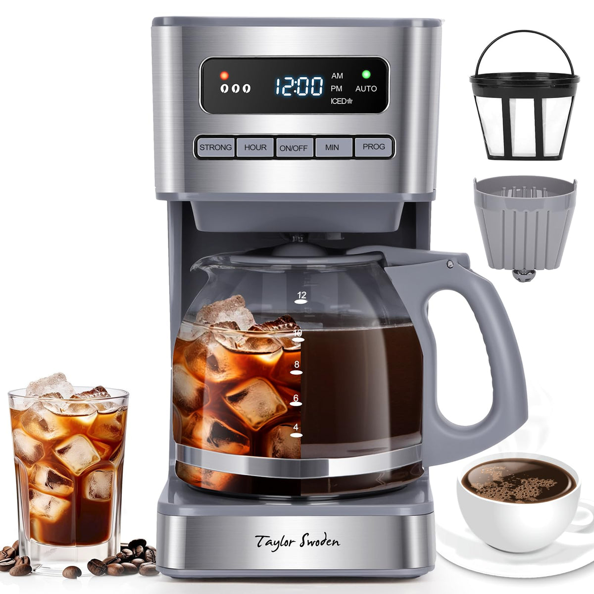 Taylor Swoden programmable coffee maker front view saves time in busy mornings.