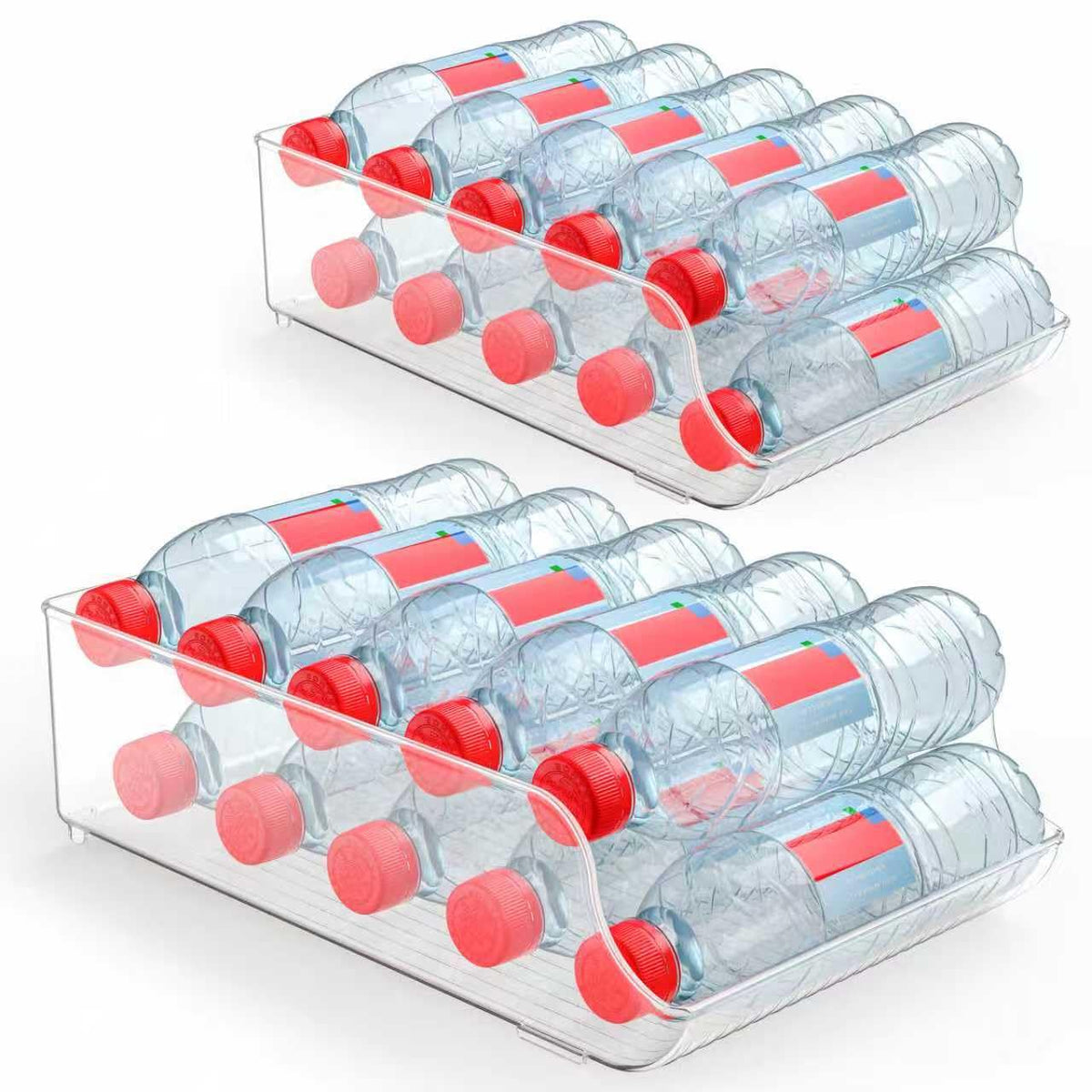 Tayuoo water bottle organizer in a clear box keeps beverages neatly stored.