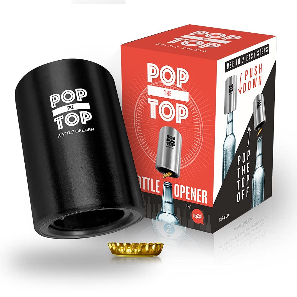 TaZa Pop-the-Top bottle opener on a table for fast, hands-free cap removal.