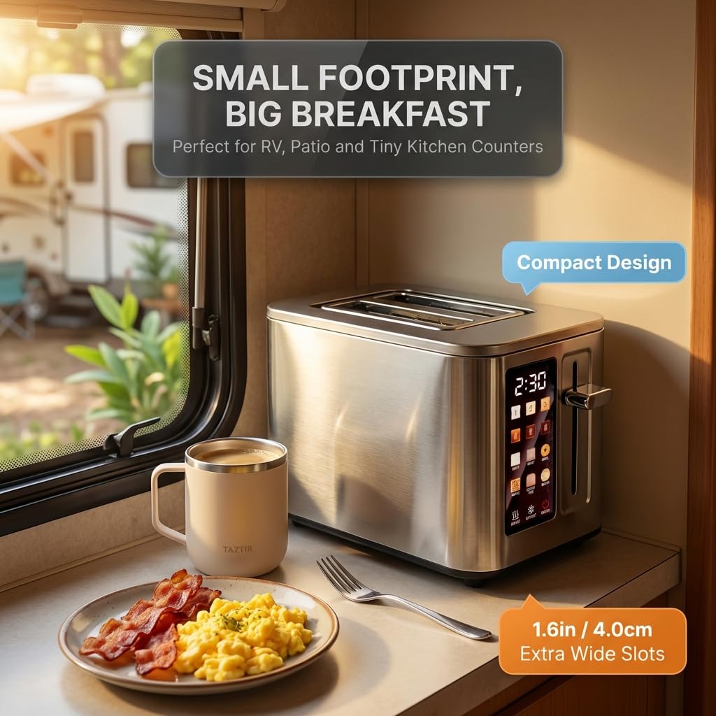 TAZTIR smart touchscreen display enables quick bread type and browning adjustments.
