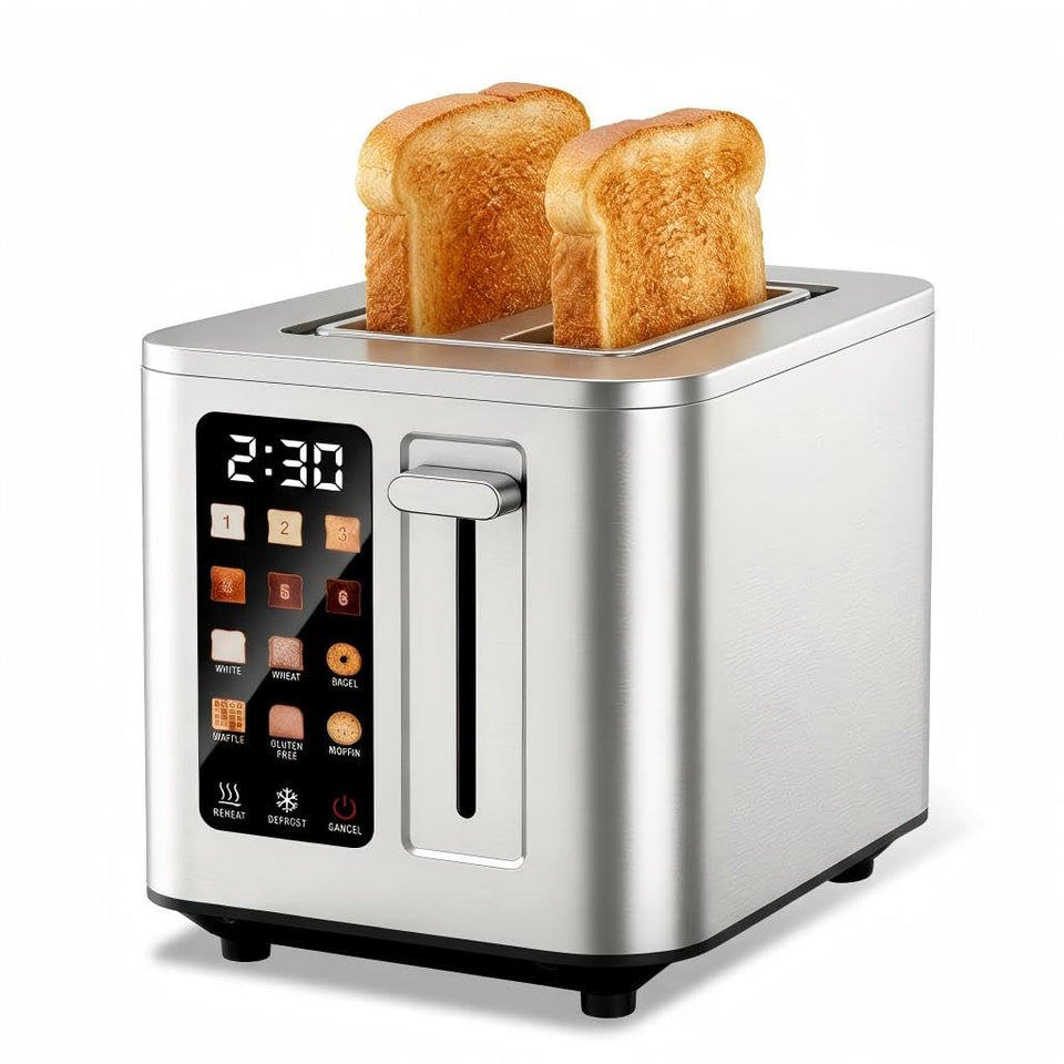 TAZTIR touchscreen toaster with lever control for easy browning and modern convenience.