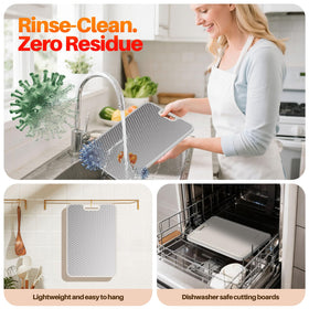 TBFWiCO cutting board shown as dishwasher safe for easy cleaning.