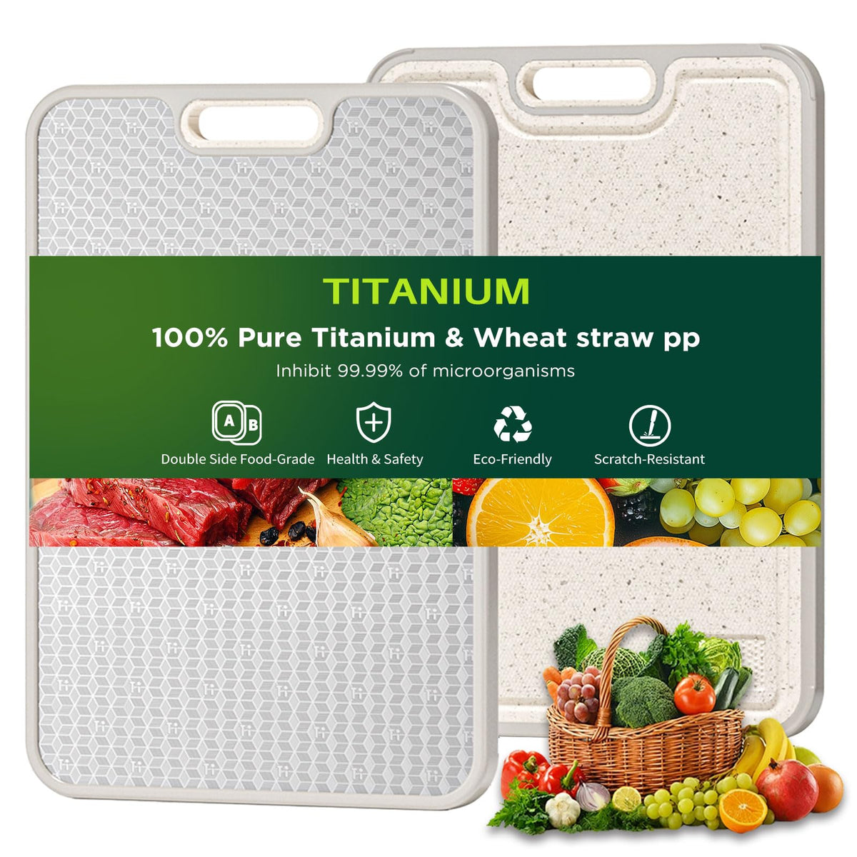 TBFWiCO Titanium Cutting Board with dual surface for meat and produce.