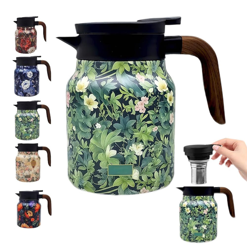 TBHAPY vintage floral tea pot front view with built-in infuser for easy brewing.