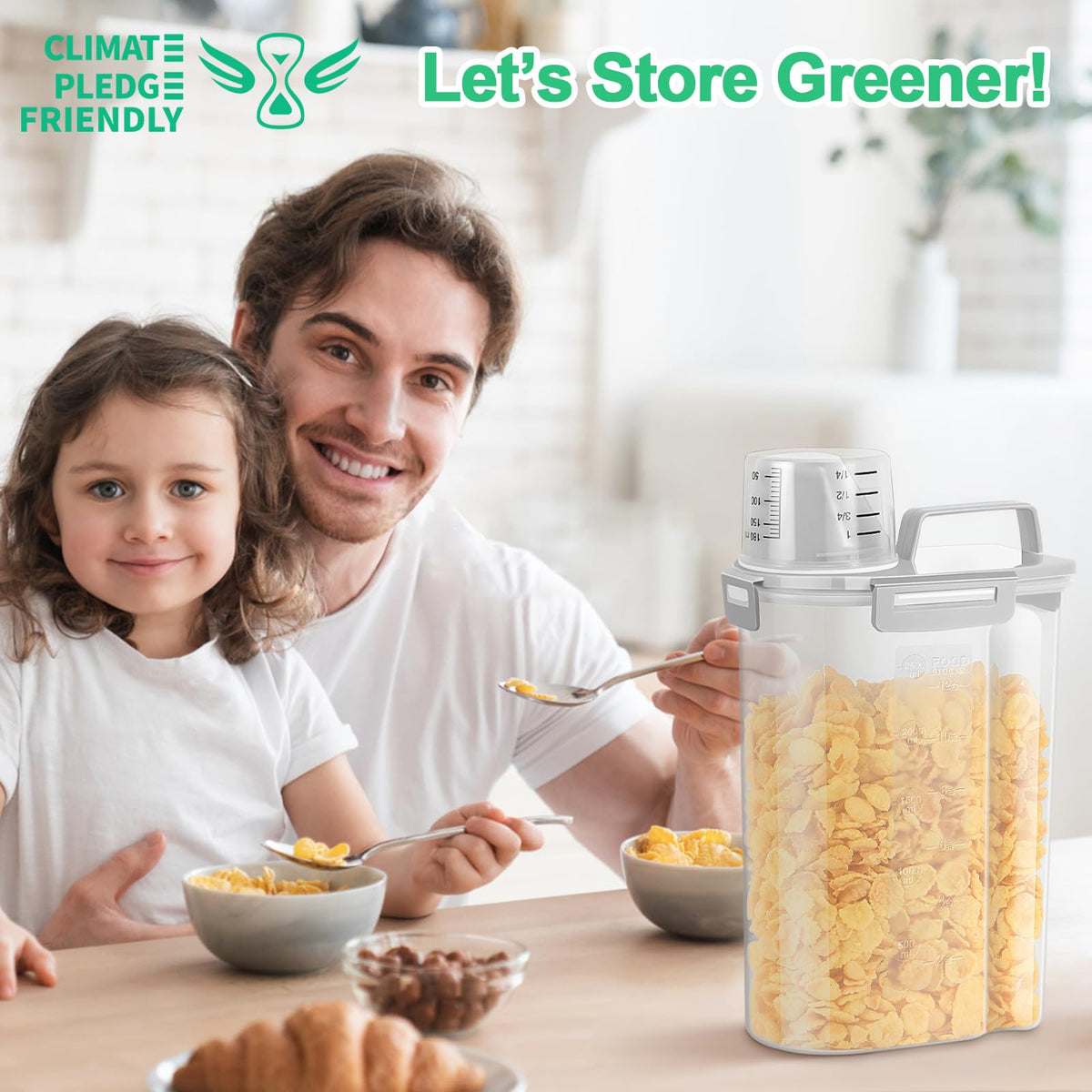 TBMax cereal storage with spout for clean, single-handed pouring.