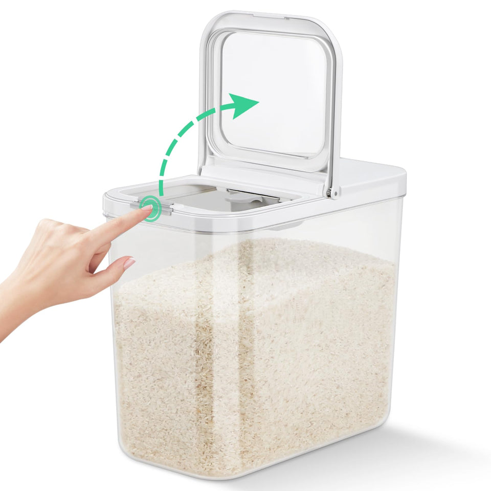 TBMax rice flour container with lid open for easy scooping and quick access in the kitchen.
