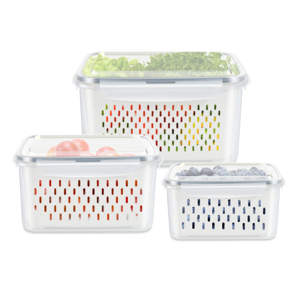 TBMAXS 3-pack produce containers set with airtight lids keeps fruits fresh in the fridge.