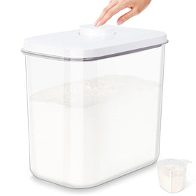 TBMAXS air-tight rice container with handle keeps large 25 lb bags organized and easy to access.