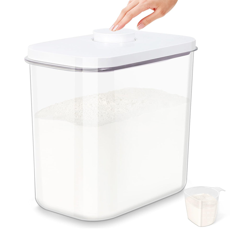 TBMAXS air-tight rice container with handle keeps large 25 lb bags organized and easy to access.
